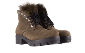 Trzewiki -076 1806 Oliwkowe Trzewiki Z Futrem, Skóra naturalna | Bayla Discount